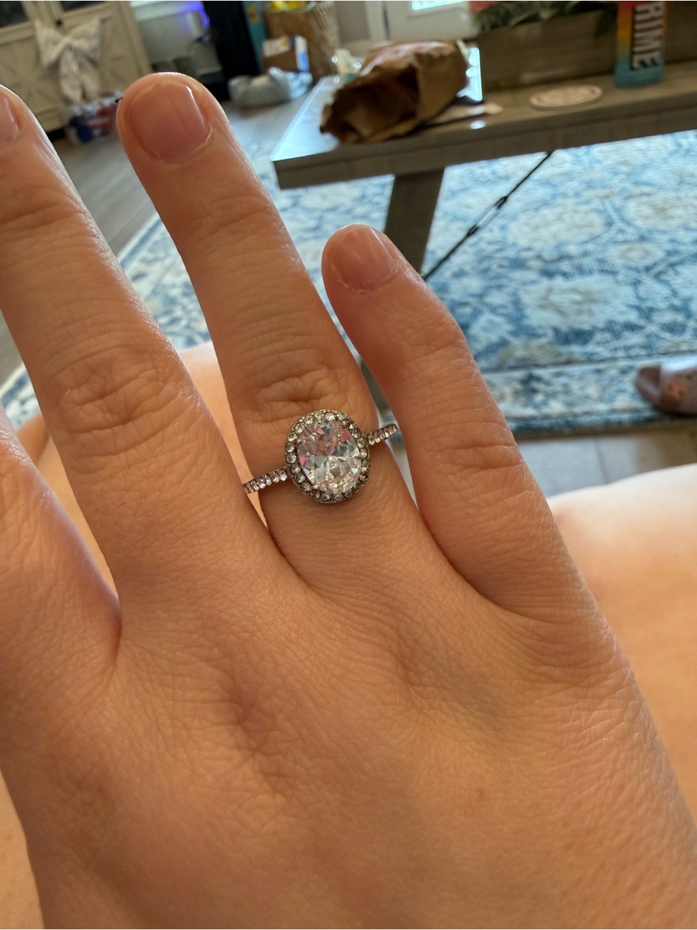 Sparkling Oval Halo Solitaire Ring in Silver - Clear Crystal Size 9